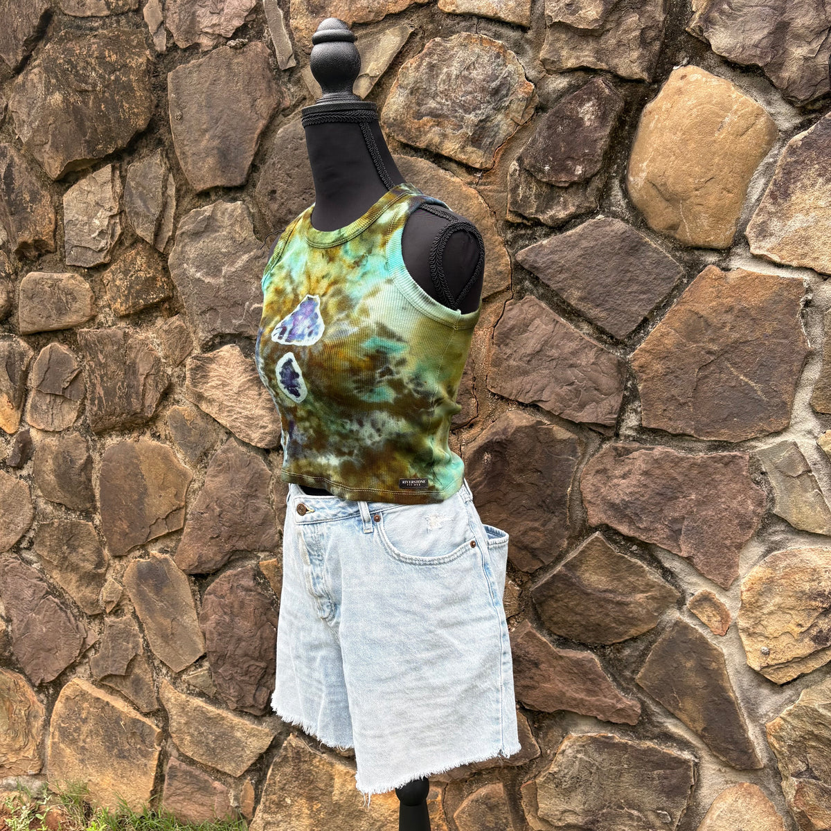Junior Girls High Neck Cropped Tank | Hand-Dyed Mushroom Design