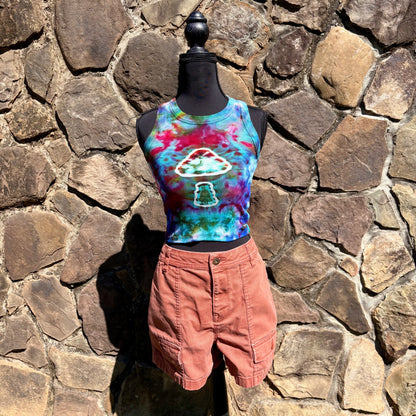 Junior Girls High Neck Cropped Tank | Hand-Dyed Mushroom Design