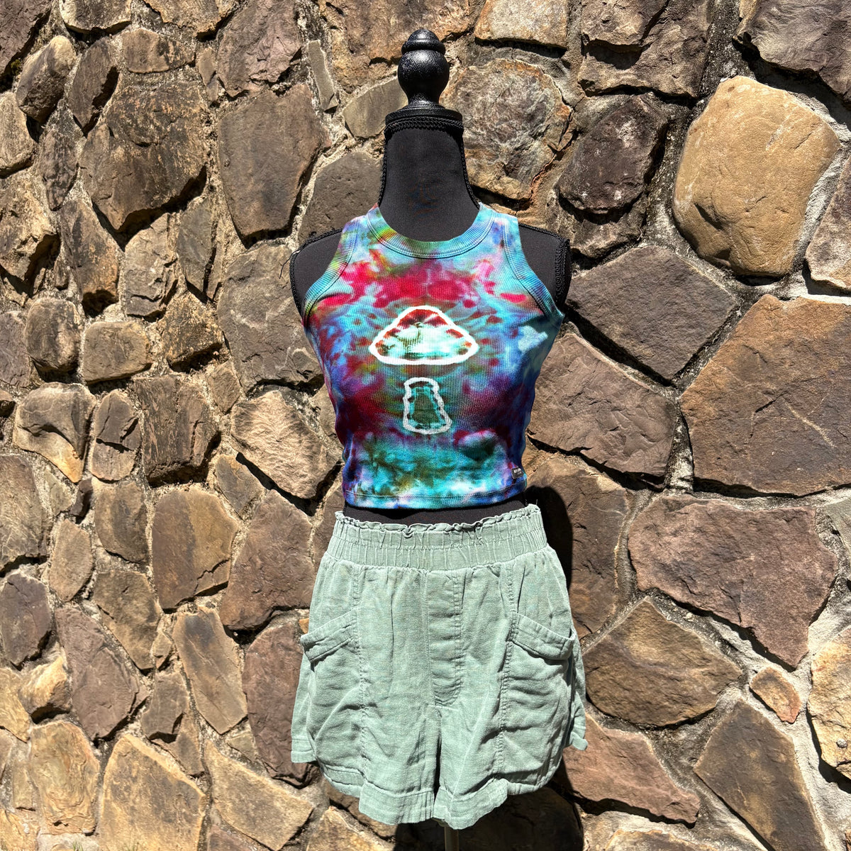 Junior Girls High Neck Cropped Tank | Hand-Dyed Mushroom Design