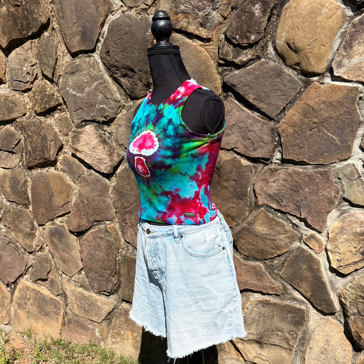 Junior Girls High Neck Cropped Tank | Hand-Dyed Mushroom Design
