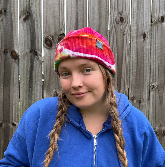 Riverstone Hand-Dyed Tie-Dye Beanie - Fuschia, Orange, & Green