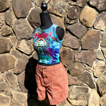 Junior Girls High Neck Cropped Tank | Hand-Dyed Mushroom Design