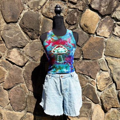 Junior Girls High Neck Cropped Tank | Hand-Dyed Mushroom Design