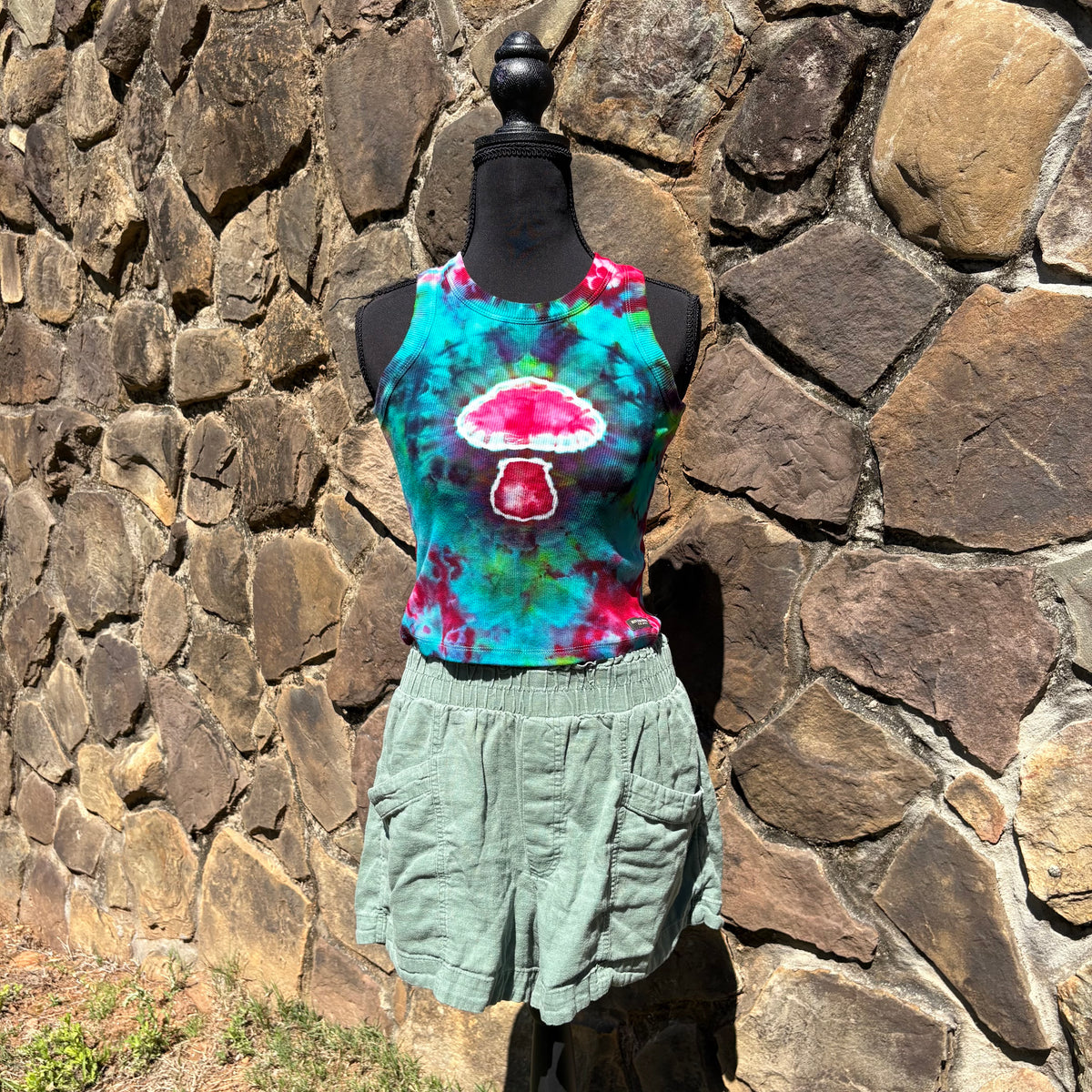 Junior Girls High Neck Cropped Tank | Hand-Dyed Mushroom Design