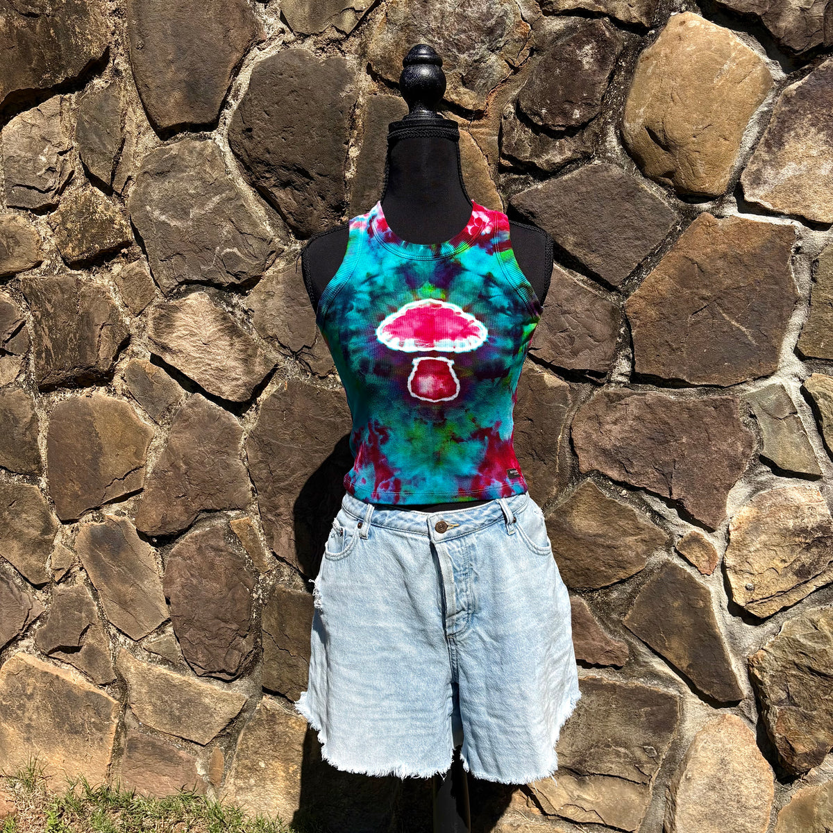 Junior Girls High Neck Cropped Tank | Hand-Dyed Mushroom Design