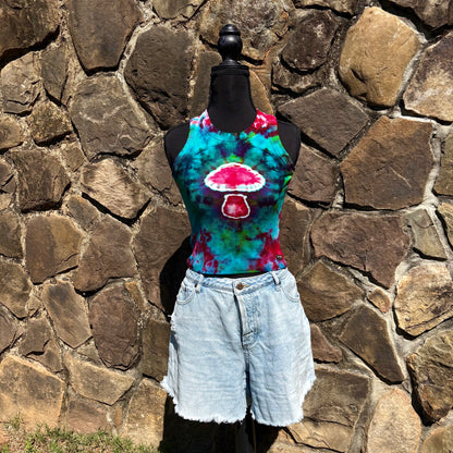 Junior Girls High Neck Cropped Tank | Hand-Dyed Mushroom Design