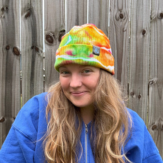 Riverstone Hand-Dyed Tie-Dye Beanie - Green, Orange, Fushcia, & Yellow