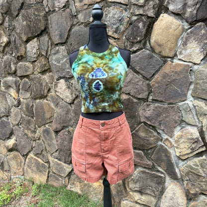 Junior Girls High Neck Cropped Tank | Hand-Dyed Mushroom Design
