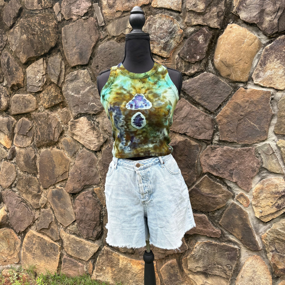 Junior Girls High Neck Cropped Tank | Hand-Dyed Mushroom Design