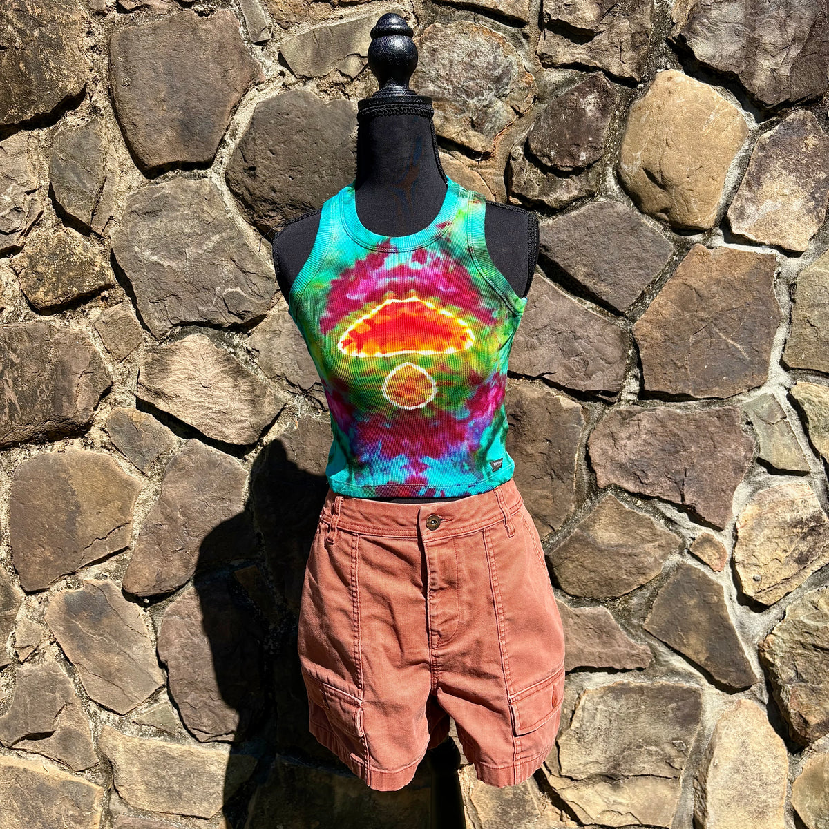 Junior Girls High Neck Cropped Tank | Hand-Dyed Mushroom Design