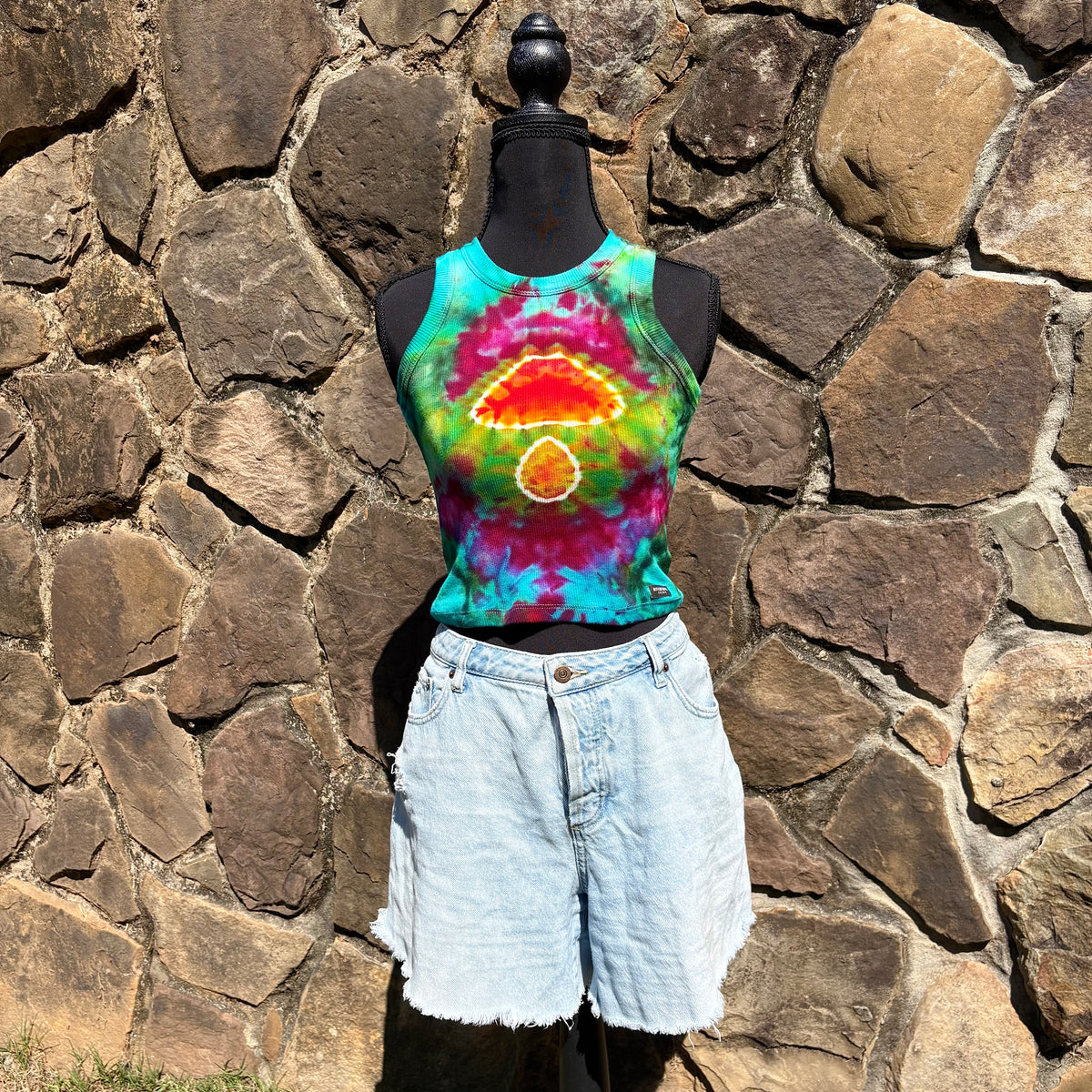 Junior Girls High Neck Cropped Tank | Hand-Dyed Mushroom Design