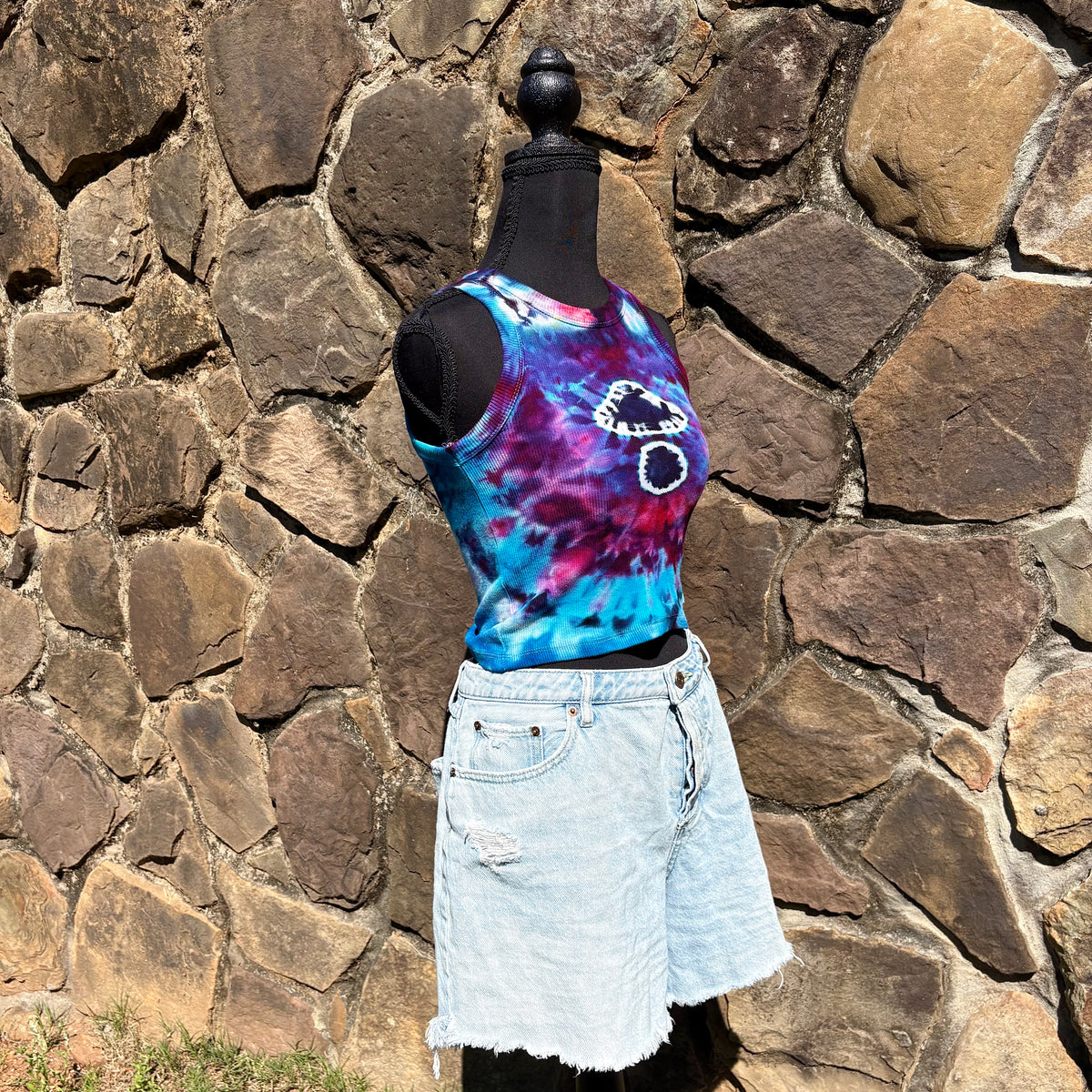 Junior Girls High Neck Cropped Tank | Hand-Dyed Mushroom Design
