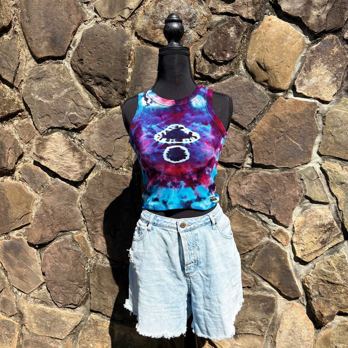 Junior Girls High Neck Cropped Tank | Hand-Dyed Mushroom Design
