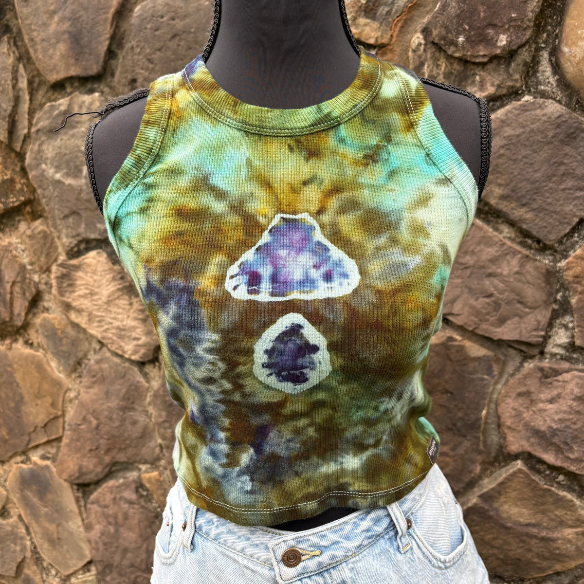 Junior Girls High Neck Cropped Tank | Hand-Dyed Mushroom Design