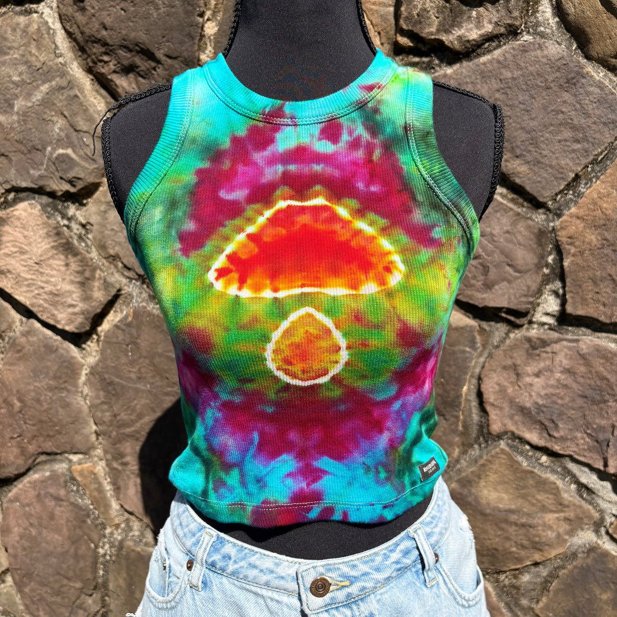 Junior Girls High Neck Cropped Tank | Hand-Dyed Mushroom Design