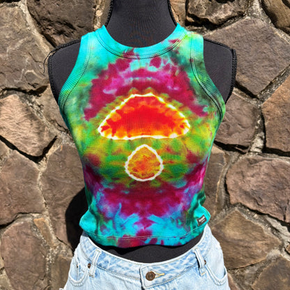 Junior Girls High Neck Cropped Tank | Hand-Dyed Mushroom Design