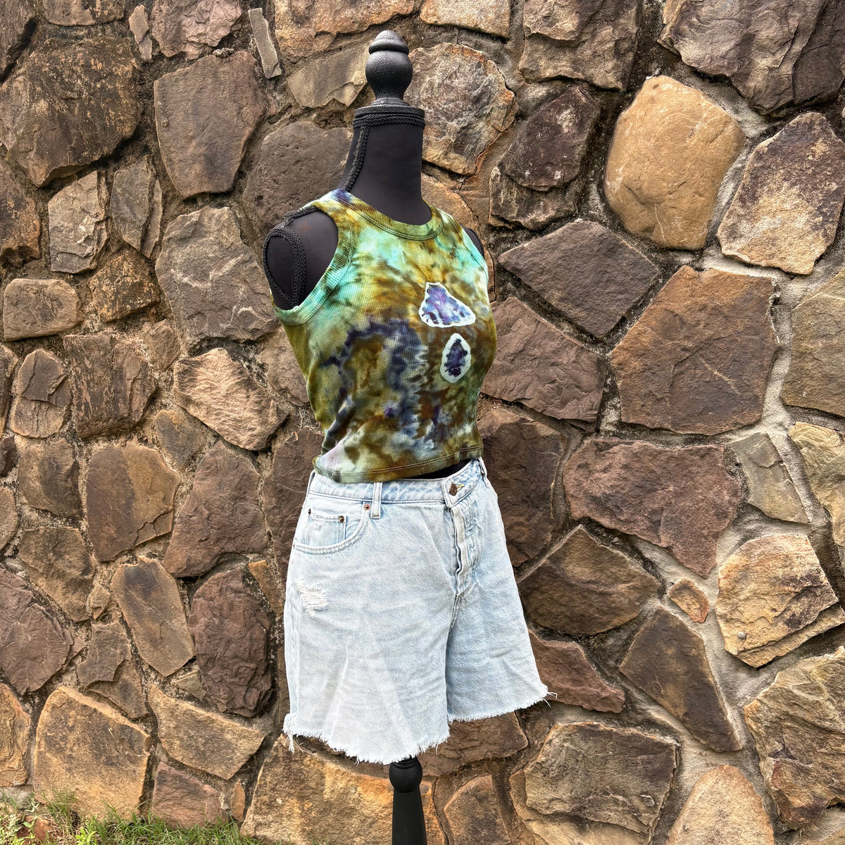 Junior Girls High Neck Cropped Tank | Hand-Dyed Mushroom Design